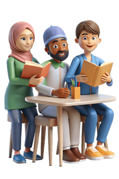 Three people sitting at a table with books png