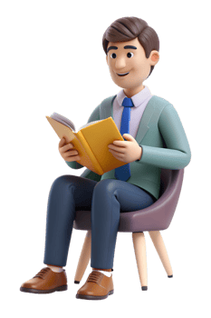 A man in a suit sitting on a chair reading a book png