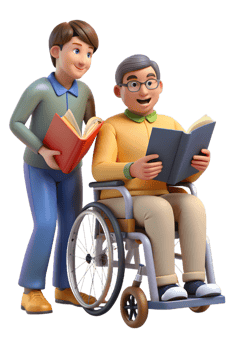 A man in a wheelchair reading a book to a man in a wheelchair png