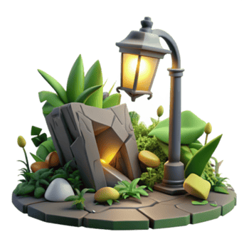 beautiful artistic Enchanted Garden Scene with Glowing Stone and Lamppost professional png
