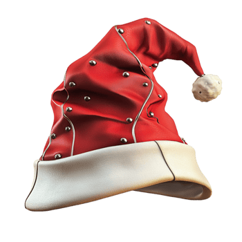 red Santa hat with white fur trim and small golden bells attached to the fabric png