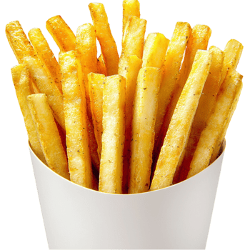 golden French fries in a white paper container with a slightly salted surface png