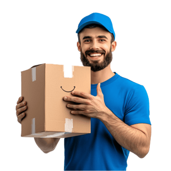 Smiling delivery man in a blue uniform holding a cardboard box in both hands png