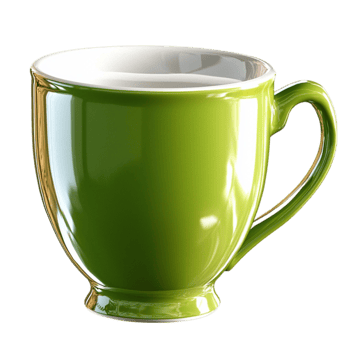 Glossy green ceramic cup with a curved handle and a reflective surface png