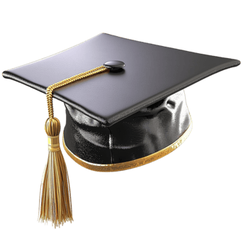 black graduation cap with a golden tassel hanging from the top png