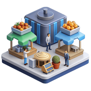magnificent rustic Market Scene 3D Render of Fruit Stalls and Shoppers premium png