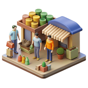 vibrant minimalist 3D Render of Market Scene Shoppers and Goods detailed png