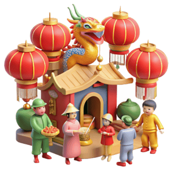 serene vintage Dragon, Lanterns, and Asian Festival Scene high quality png