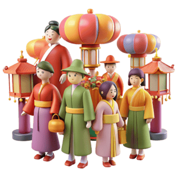 stunning modern Asian Lantern Festival 3D Rendered Characters in Traditional Clothing premium png