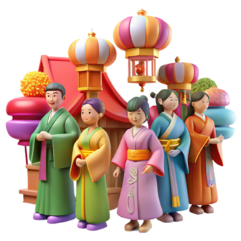serene traditional Asian Cultural Festival 3D Render of Traditional Attire and Festive Lanterns premium png
