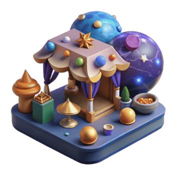 wonderful contemporary Whimsical 3D Render Fantasy Shop with Celestial Spheres high resolution png