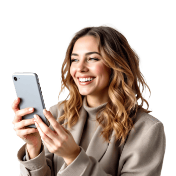 Happy Woman Using Smartphone Smiling And Engaging Isolated On Transparent Background png