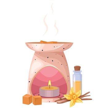 Ceramic aroma lamp with a burning candle and essential oils, a bottle of aroma oil and a vanilla flower isolated on a white background. The concept of face and body care, spa treatments vector