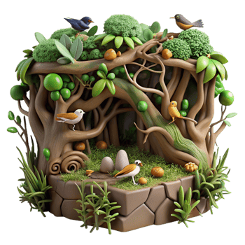 serene contemporary Whimsical 3D Forest Scene with Birds and Eggs 4K png