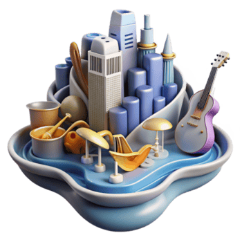 magnificent traditional 3D Cityscape with Musical Instruments and Abstract Objects professional png