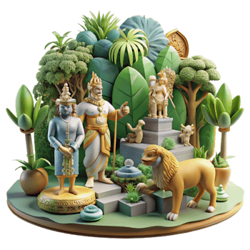 dramatic artistic Mythical Realm 3D Render of Ancient Figures in Lush Garden original png