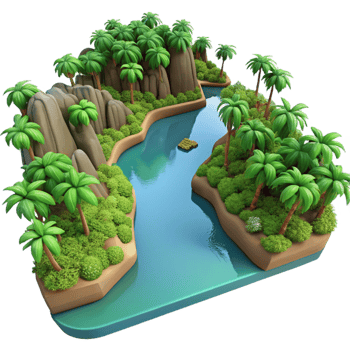 beautiful modern Tropical Island Paradise River, Palm Trees, Rocks, Lush Foliage professional png