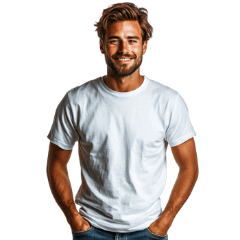 Happy young man in a white t-shirt smiling warmly, isolated on transparent background png