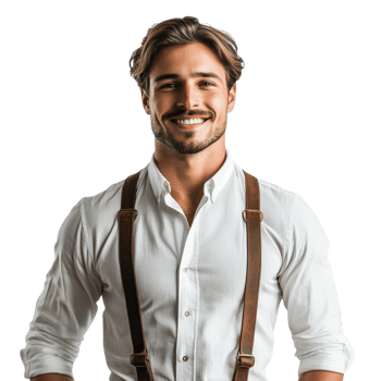 Happy young man in a white shirt and suspenders standing confidently, isolated on transparent background png