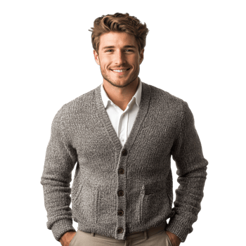 Handsome man in a gray knit cardigan over a white shirt, isolated on transparent background png