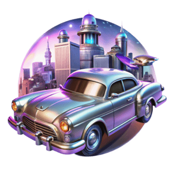 vibrant creative Retro City Racer Futuristic Car, Cityscape Adventure original png