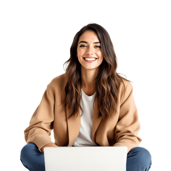 Smiling Woman Working On Laptop Happy And Focused Isolated On Transparent Background png