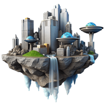 serene contemporary Floating Cityscape Futuristic Island Metropolis high resolution png