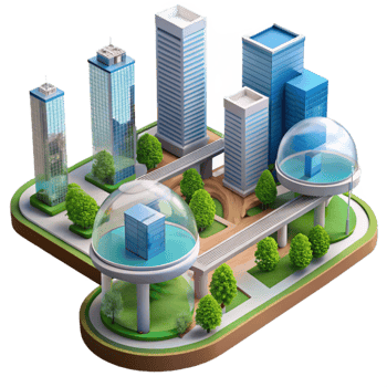 vibrant rustic Futuristic Cityscape Modern Architecture, Green Spaces, and Elevated Transportation original png