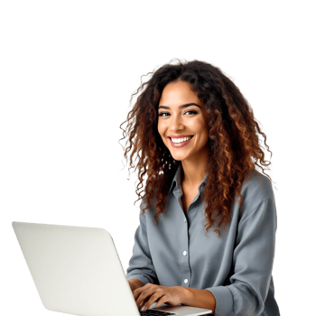Smiling Woman Working On A Laptop Perfect For Business Or Online Learning Isolated On Transparent Background png