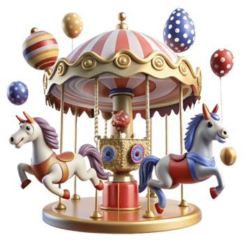 wonderful creative Whimsical Carousel with Unicorn Riders and Balloons authentic png