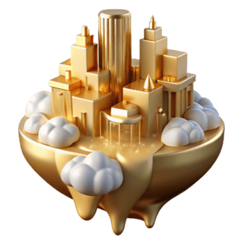 impressive contemporary Golden Cityscape on Clouds 3D Render of an Imaginary City authentic png