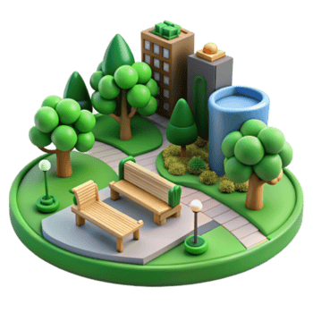 dramatic traditional Urban Park Design 3D Model of City Greenspace with Benches and Trees exclusive png