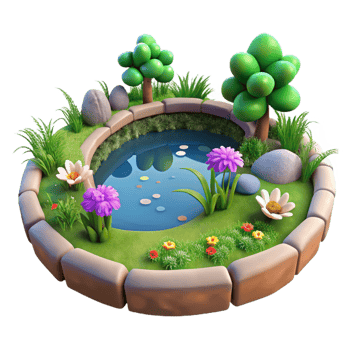 elegant modern Cartoon Pond Garden 3D Render of Idyllic Scene genuine png