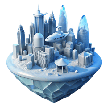 magnificent minimalist Futuristic Cityscape on an Iceberg Flying Vehicles Modern Architecture exclusive png
