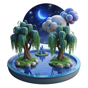 elegant traditional Enchanted Night Pond 3D Render of Whimsical Willow Trees detailed png