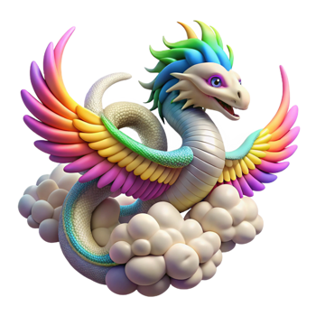 extraordinary abstract Rainbow Dragon Fantasy Art Whimsical Winged Serpent on Clouds detailed png