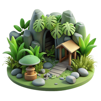 dramatic contemporary Enchanted Rock Garden 3D Render of Mystical Hideaway premium png