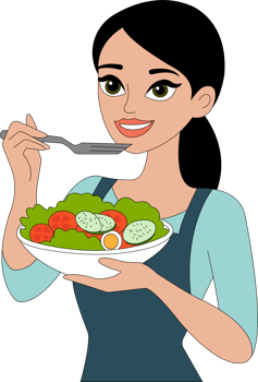A woman holding a bowl of salad with a fork png