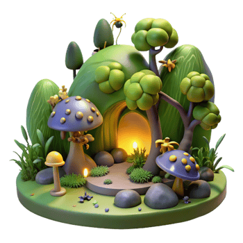serene classic Enchanted Forest Cave 3D Render of Magical Mushroom Scene professional png