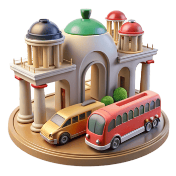 stunning vintage Cartoon City Transport Hub Buses, Cars, and Classical Architecture genuine png