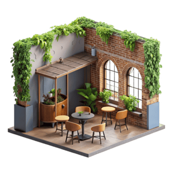 dramatic minimalist 3D Render Urban Oasis Patio Cafe Design 4K png