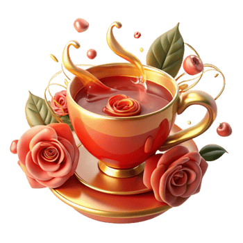 dramatic vintage Golden Teacup with Rose Tea Splash authentic png