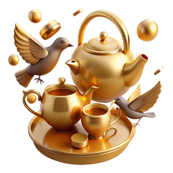 elegant rustic Golden Tea Set with Birds A 3D Render genuine png