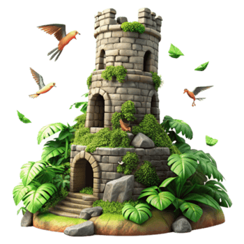 vibrant vintage Jungle Tower Birds, Ruins, and Lush Foliage premium png
