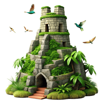 elegant traditional Jungle Ruin Tower Ancient Stone Structure with Lush Vegetation original png