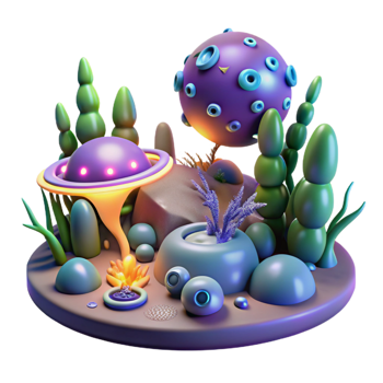 extraordinary artistic Alien Landscape 3D Render of Surreal Flora and Spaceship original png