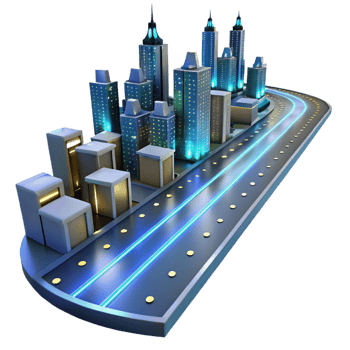 magnificent rustic Futuristic Cityscape Illuminated Highway, Modern Architecture exclusive png