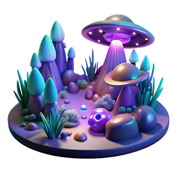 serene contemporary Alien Landscape UFO, Fantasy Flora Glowing Rocks high resolution png