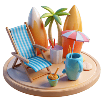 extraordinary vintage Summer Beach Scene Relaxing Chair, Surfboards, and Tropical Drinks original png