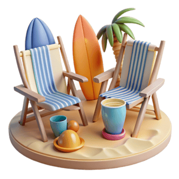 vibrant abstract Summer Beach Scene Relaxing Chairs, Surfboards, and Palm Trees authentic png